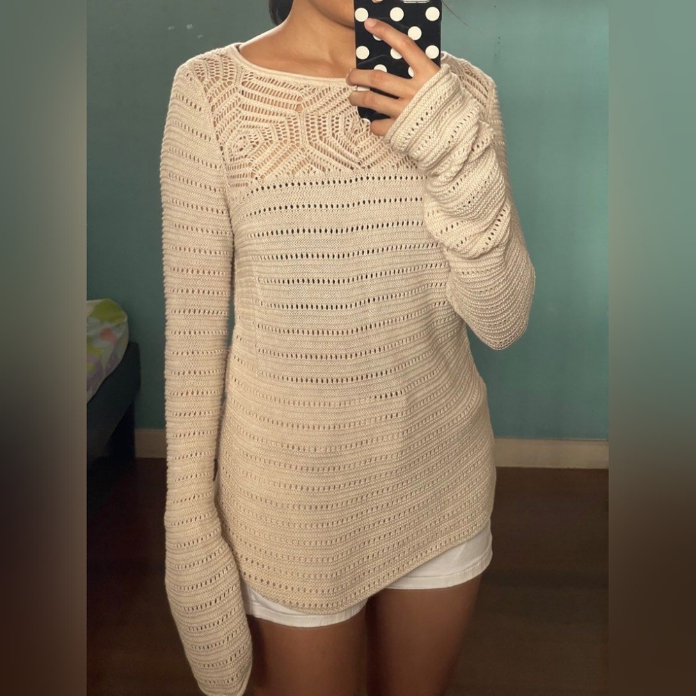 GAP Crochet Yoke Pattern Oatmeal Heather Cotton Knit Long Sleeve Sweater Top- L - Picture 3 of 11